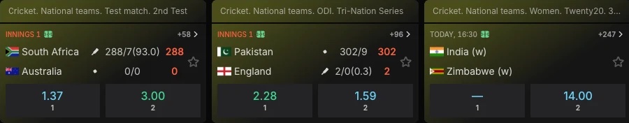 Live cricket matches with odds in the Parimatch Hot Matches section