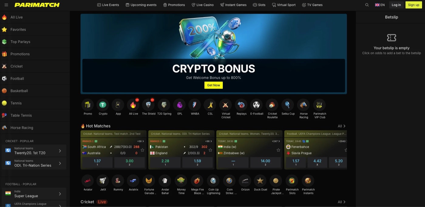Parimatch India home page with Hot Matches, the crypto bonus banner and the games strip