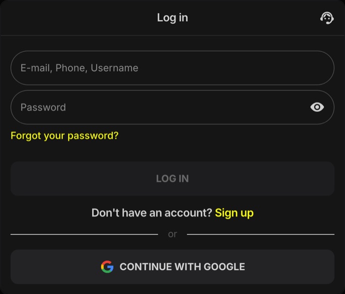 Parimatch log-in form with e-mail, phone or username, password and Google sign-in