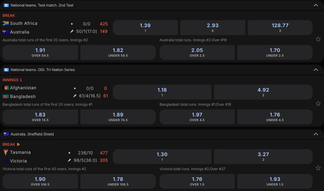 Live cricket odds at Parimatch: Test match, ODI Tri-Nation Series and Sheffield Shield