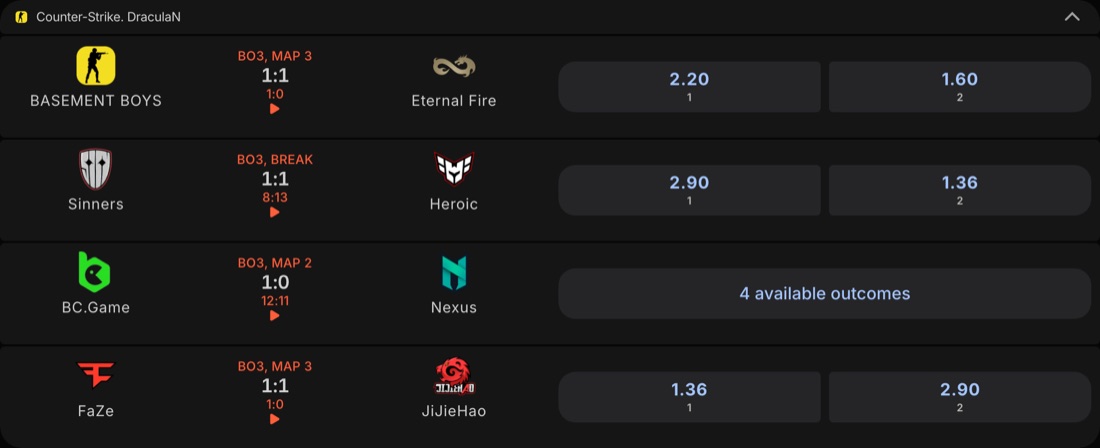 Counter-Strike 2 matches with live scores and odds at Parimatch