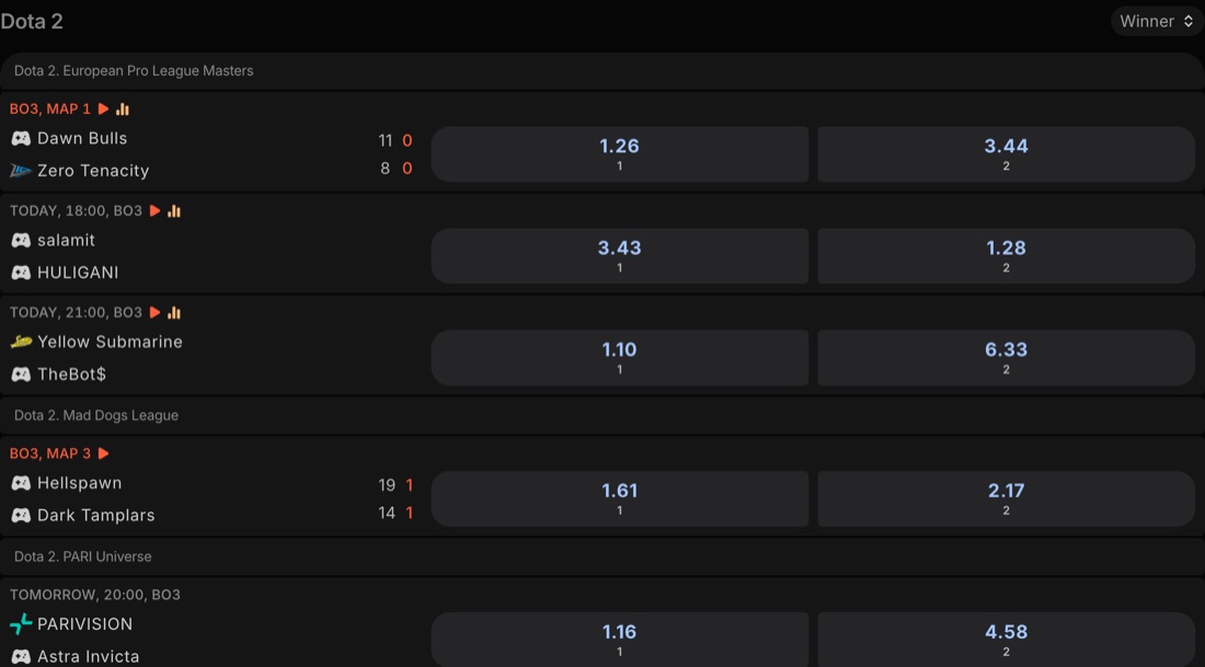 Dota 2 matches with odds at Parimatch