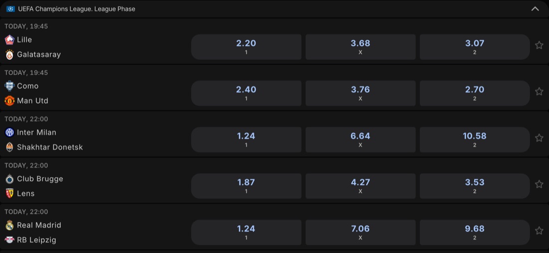 Football odds at Parimatch for UEFA Champions League matches