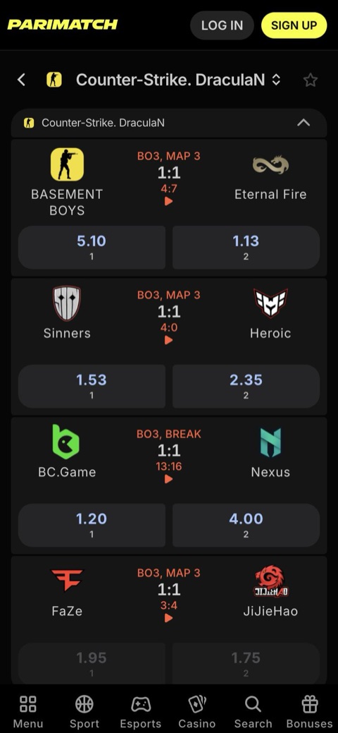 Counter-Strike 2 matches with odds on a phone