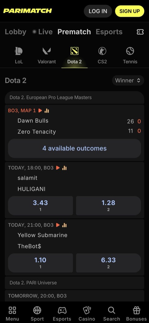 Dota 2 matches with odds on a phone