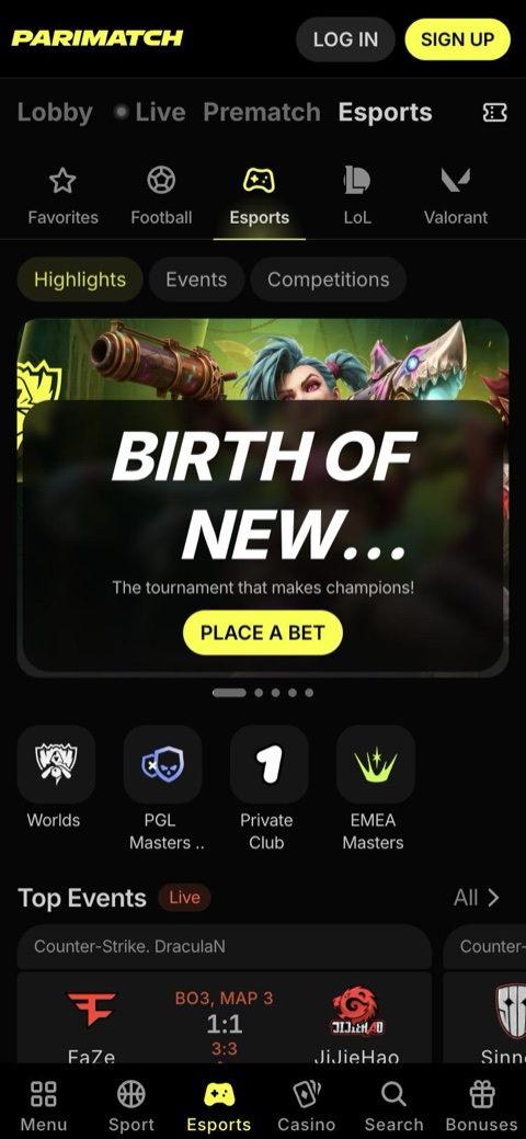 Parimatch esports section on a phone