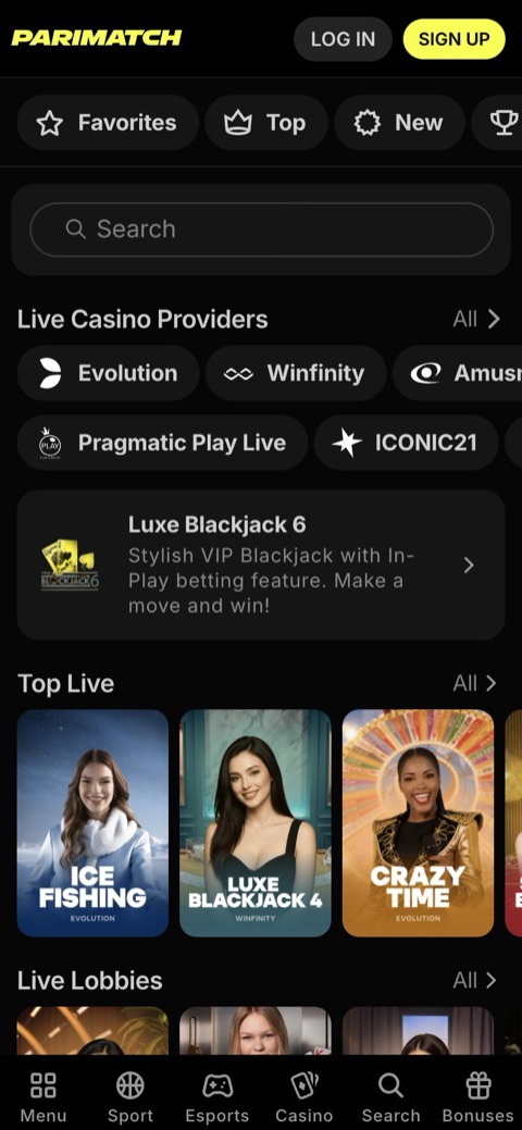 Parimatch live casino lobby on a phone