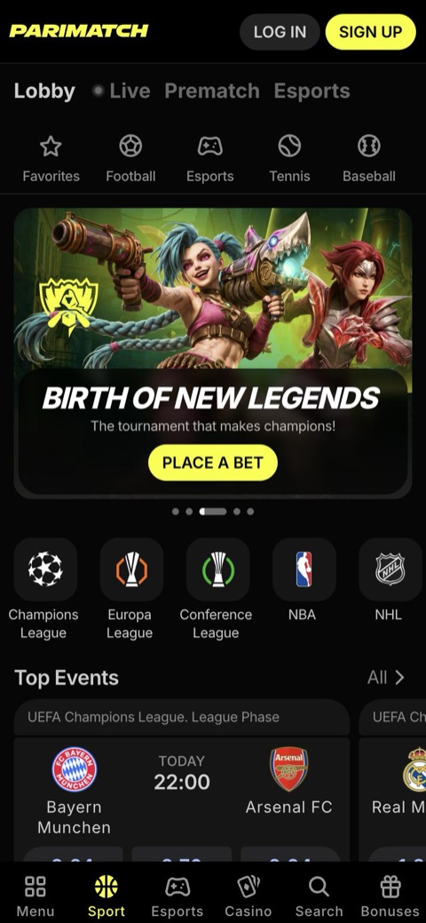 Parimatch sports lobby on a phone with top events