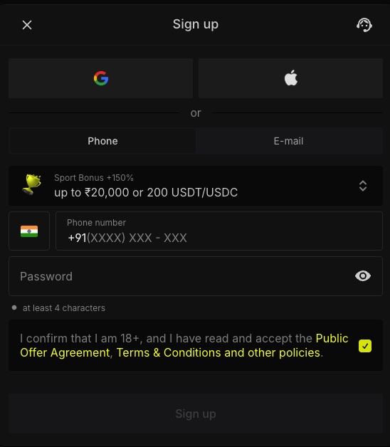 Parimatch sign-up form with Google, Apple, phone and e-mail options and the sports bonus selector