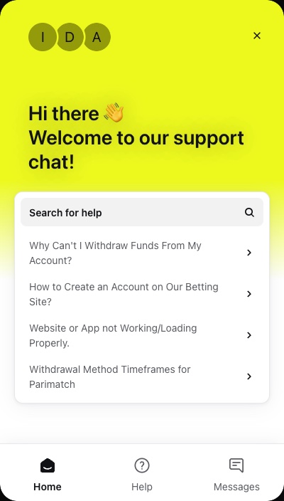 Parimatch support chat with help articles about withdrawals and sign-up