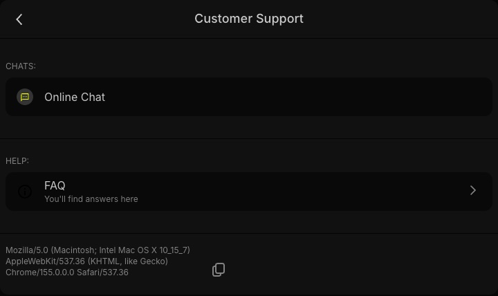 Parimatch Customer Support panel with Online Chat and FAQ